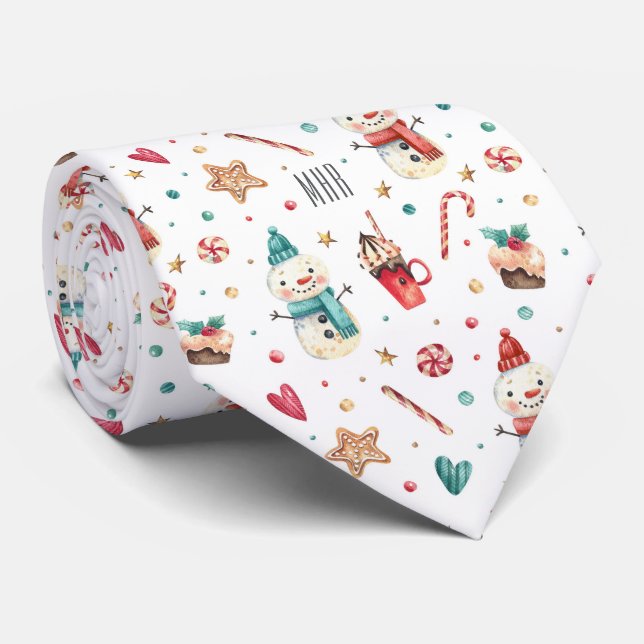 Cravate Monogram, Snowman Sweets Motif Holiday (Roulé)