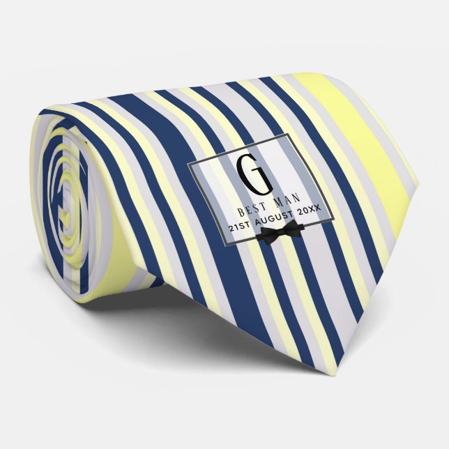 Cravate Monogramme BEST MAN Groomsmans Groomsman Navy Jaun (Roulé)