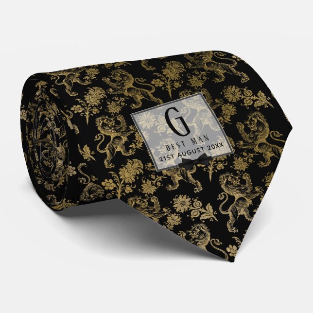 Cravate Monogramme Best Man Groomsmen Black Gold Damas (Roulé)