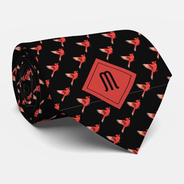 Cravate Monogramme Cardinal Bird Motif sur Noir (Roulé)