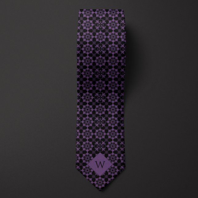 Cravate Monogramme complexe violet et noir arabesque (Créateur téléchargé)