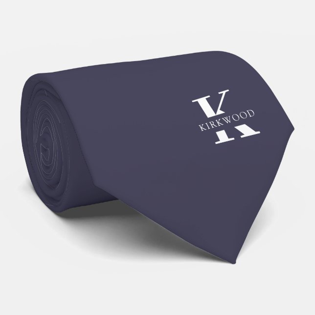 Cravate Monogramme élégant gris ardoise + Nom | Deux côtés (Roulé)