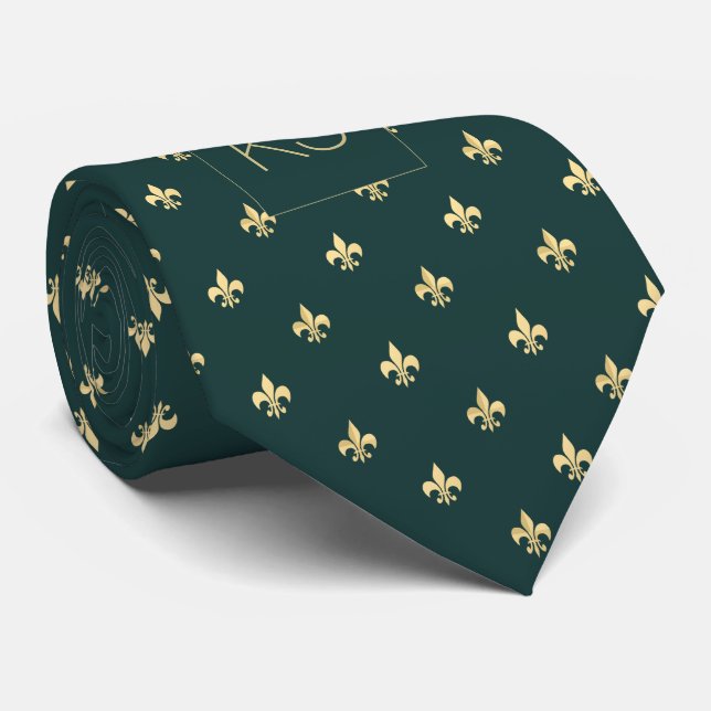 Cravate Monogramme élégant luxe vert foncé or (Roulé)