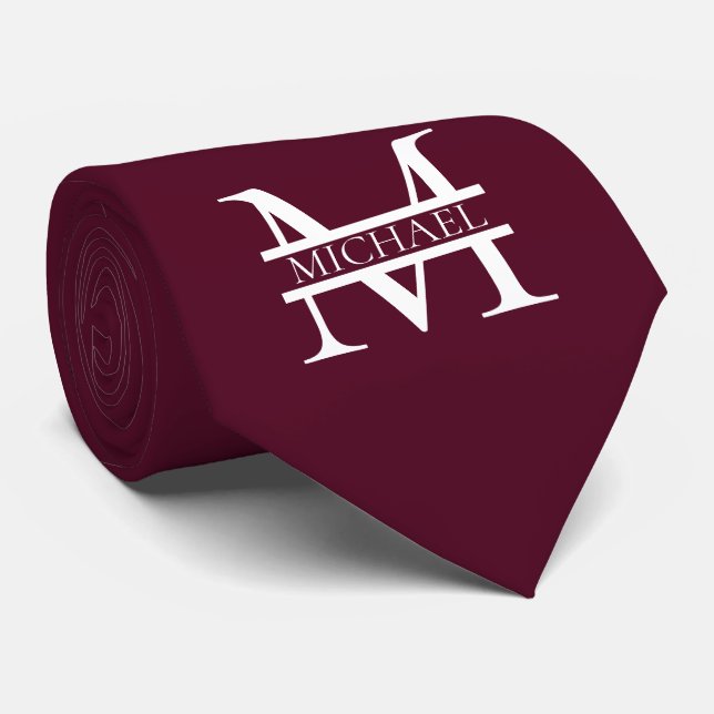 Cravate Monogramme et nom Elegant Bourgogne Personnalisé (Roulé)