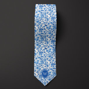 Cravate Monogramme Floral Botanique Bleu Classique