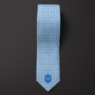 Cravate Monogramme Floral Botanique en Batik Bleu