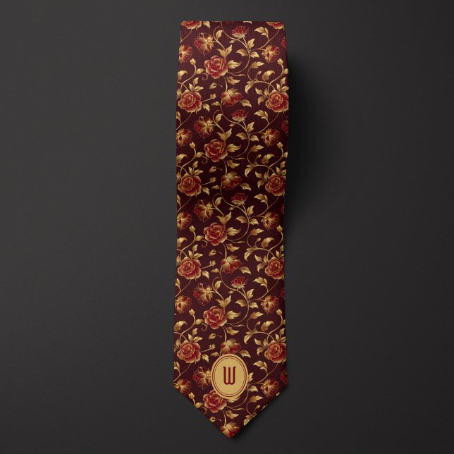 Cravate Monogramme floral de Bourgogne et d'or (Créateur téléchargé)