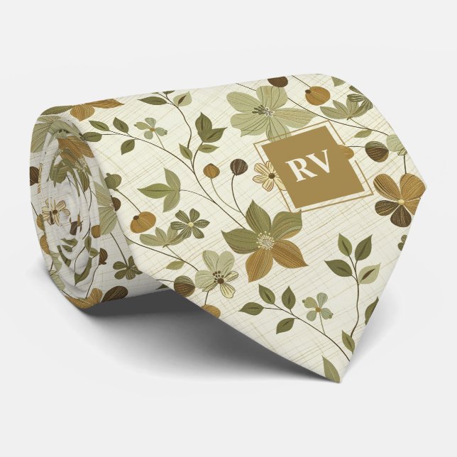 Cravate Monogramme floral de tonalité terrestre moderne (Roulé)