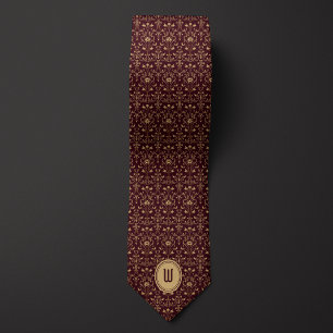 Cravate Monogramme floral d'or et de Bourgogne complexes