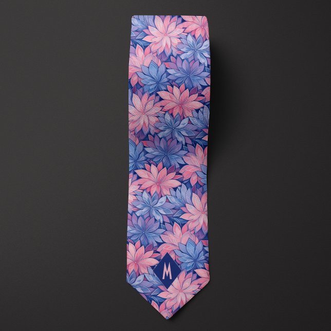 Cravate Monogramme Floral Rose et Bleu (Créateur téléchargé)