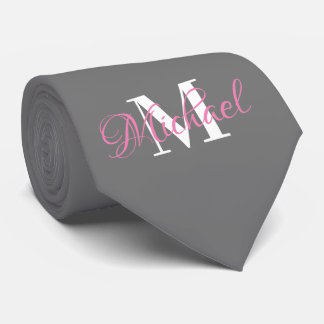 Cravate monogramme gris et rose