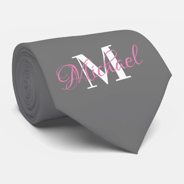 Cravate monogramme gris et rose (Roulé)