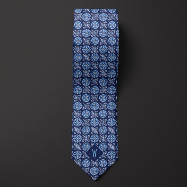 Cravate Monogramme Mandala Bleu Cobalt (Créateur téléchargé)