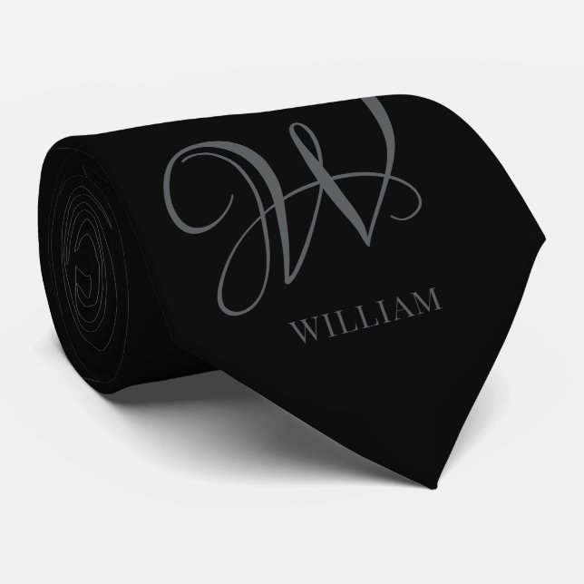 Cravate Monogramme noir gris élégant personnalisé initial (Roulé)