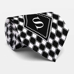 Cravate monogramme personnalisable arlequin noir et blanc