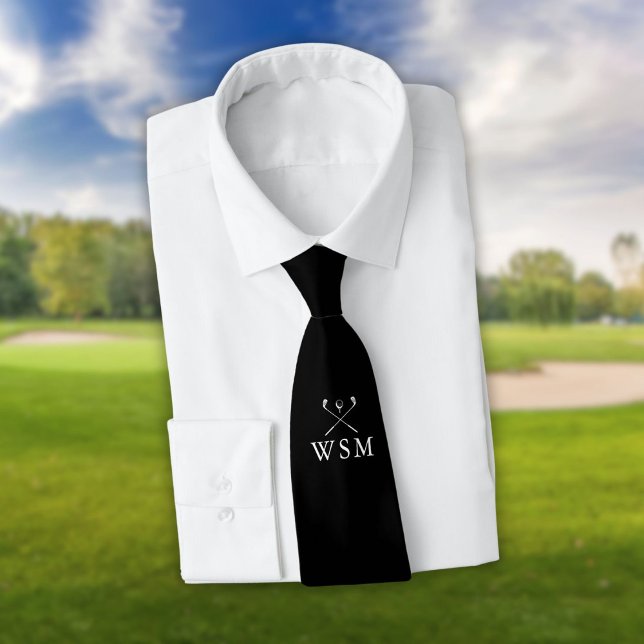 Cravate Monogramme Personnalisé Club De Golf Noir Et Blanc (Personalized Monogram Black And White Golf Clubs Neck Tie)