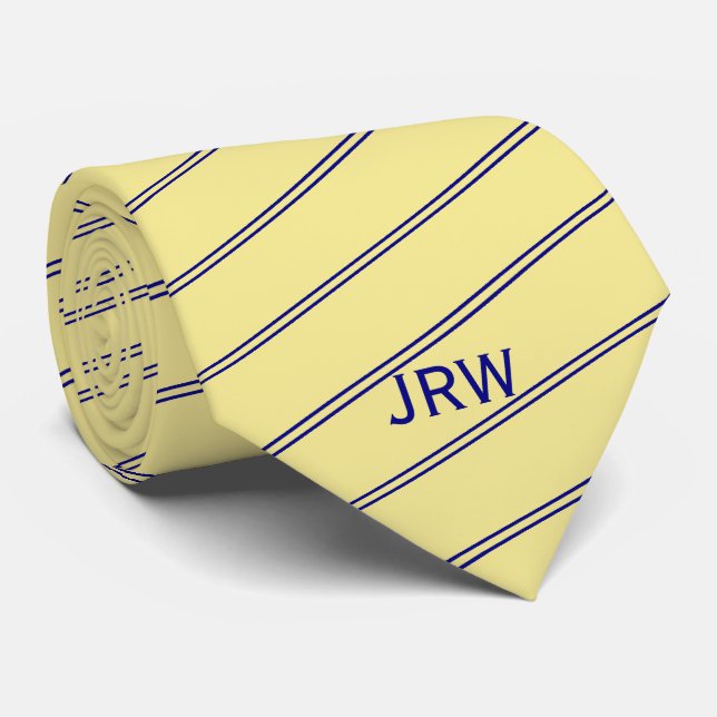 Cravate Monogramme personnalisé Jaune et Bleu rayé (Roulé)