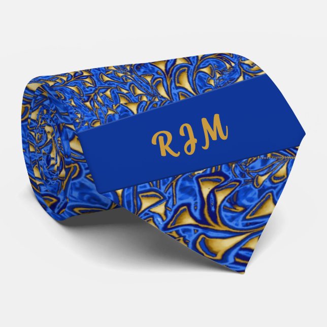 Cravate Monogramme Royal Blue et Gold Paisley (Roulé)