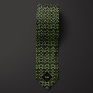 Cravate Monogramme vert et noir arabesque complexe
