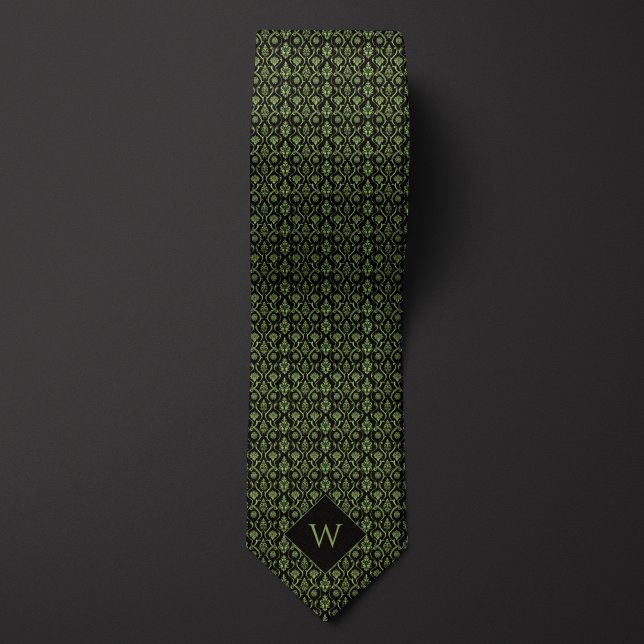 Cravate Monogramme vert et noir arabesque complexe (Créateur téléchargé)