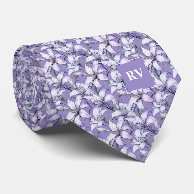 Cravate Monogramme violet Lys de Pâques Floral (Roulé)