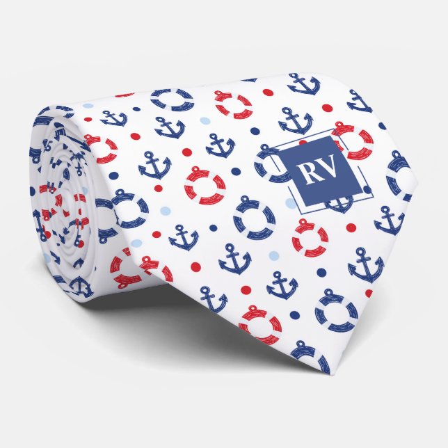 Cravate Monogrammed Nautical Anchors & Lifebuoys (Roulé)