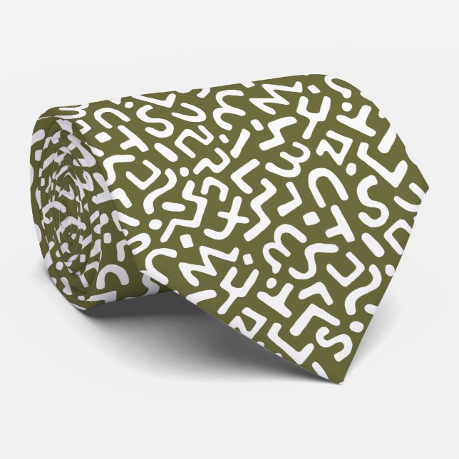 Cravate Motif Abstrait 170822 - Blanc sur Drab d'olive (Roulé)