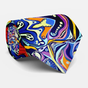 Cravate Motif Art déco peint à la main - orange et bleu