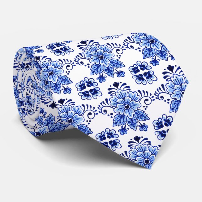 Cravate Motif artistique floral bleu Delft classique néerl (Roulé)