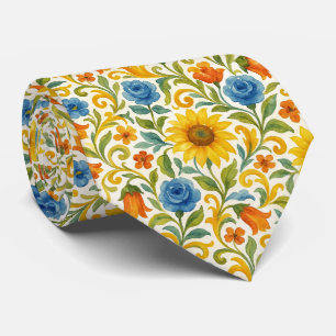 Cravate Motif artistique floral de feuilles colorées sicil