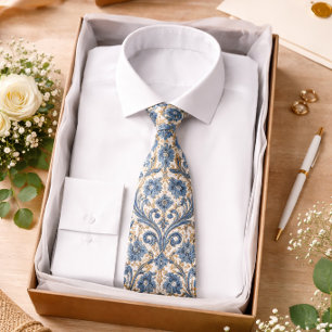 Cravate Motif baroque floral bleu élégant classique