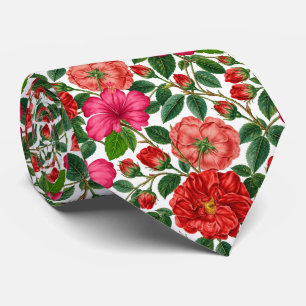 Cravate Motif botanique d'Hibiscus et de Rose