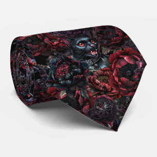 Cravate Motif Chat Noir Gothique & Fleurs Sombres