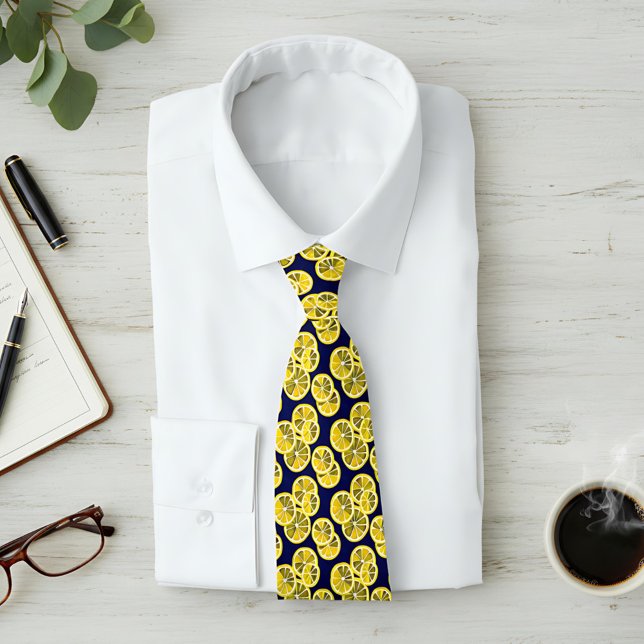 Cravate Motif Citrus Lemon Slices sur fond bleu foncé (Créateur téléchargé)