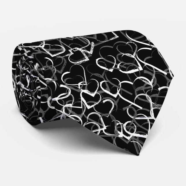 Cravate Motif cœur blanc gris Fond noir (Roulé)