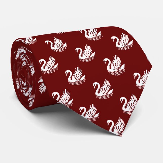 Cravate Motif cygne - Blanc sur rouge foncé (Roulé)