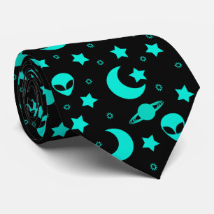 Cravate Motif d'alien turquoise avec étoiles et lunes