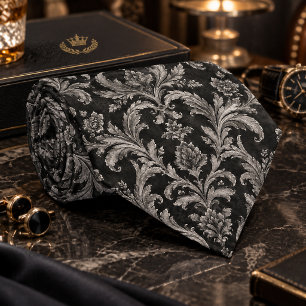 Cravate Motif damassé gris sur noir de luxe sans couture