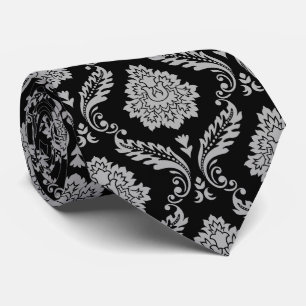 Cravate Motif Damassé Rococo Gris sur Fond Noir
