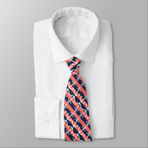 Cravate Motif d'ancre blanche nautique sur rayures rouge c