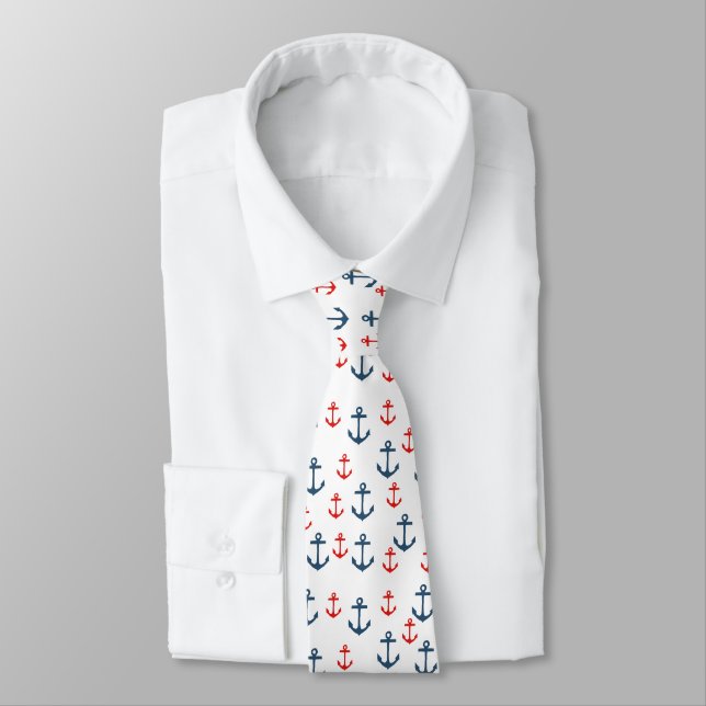Cravate Motif d'Ancres nautiques bleu et rouge (Attaché)