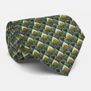 Cravate Motif d'art géométrique vert olive rétro