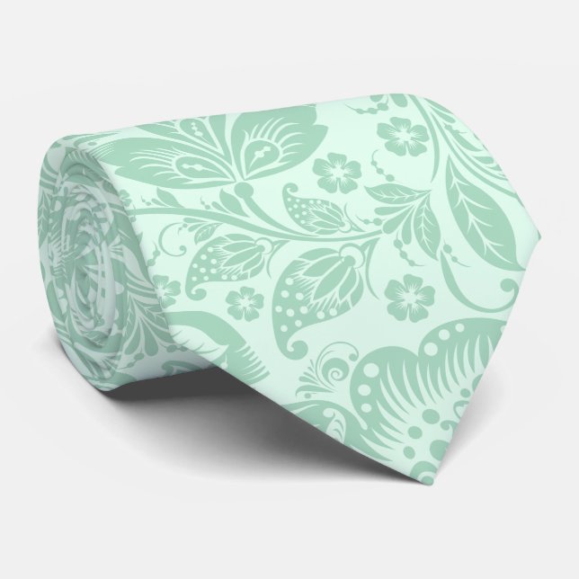 Cravate Motif de belles fleurs vert menthe (Roulé)