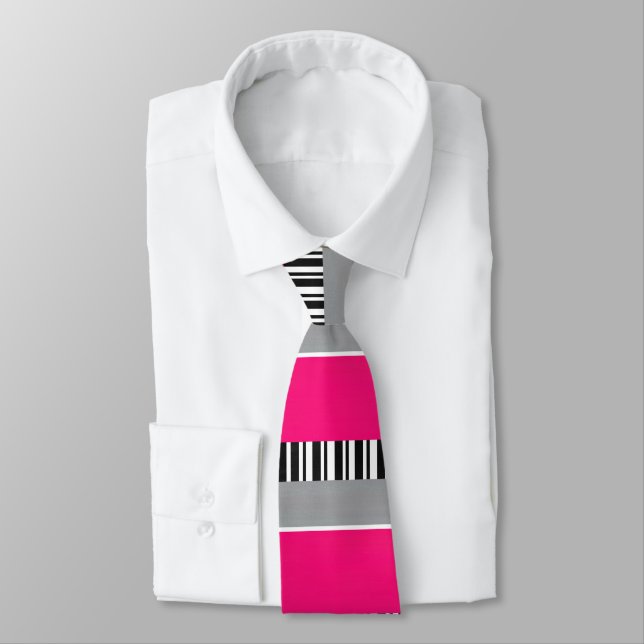 Cravate Motif de blocs à rayures blanc blanc rose chaud (Attaché)