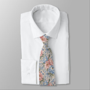 Cravate Motif de carreau de pivoine rose bleu floral vinta