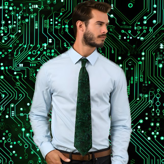 Cravate Motif de carte de circuits électroniques v (Man wearing Green Electronic Circuit Board Pattern Neck Tie stands against background matching tie.)