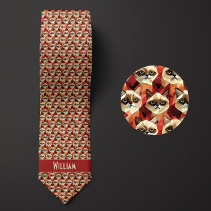 Cravate Motif de chat géométrique rouge brique