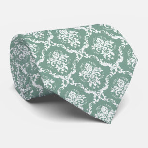 Cravate Motif de Damas florales blanc et vert Sage