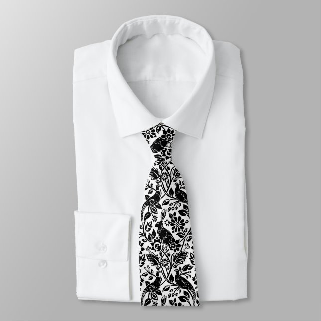 Cravate Motif de faisan et lièvre, blanc et noir (Attaché)