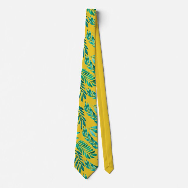Cravate Motif de feuillage Turquoise or Feuille (Devant)